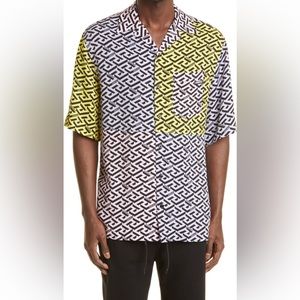 Versace La Greca Print Short Sleeve Camp Shirt